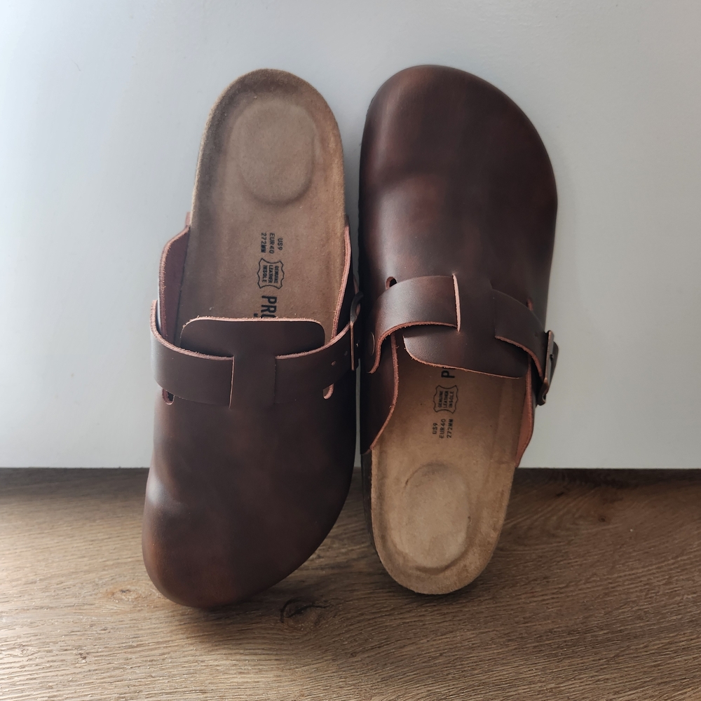 Women's Brown Leather Slip-On Clogs with Adjustable Strap